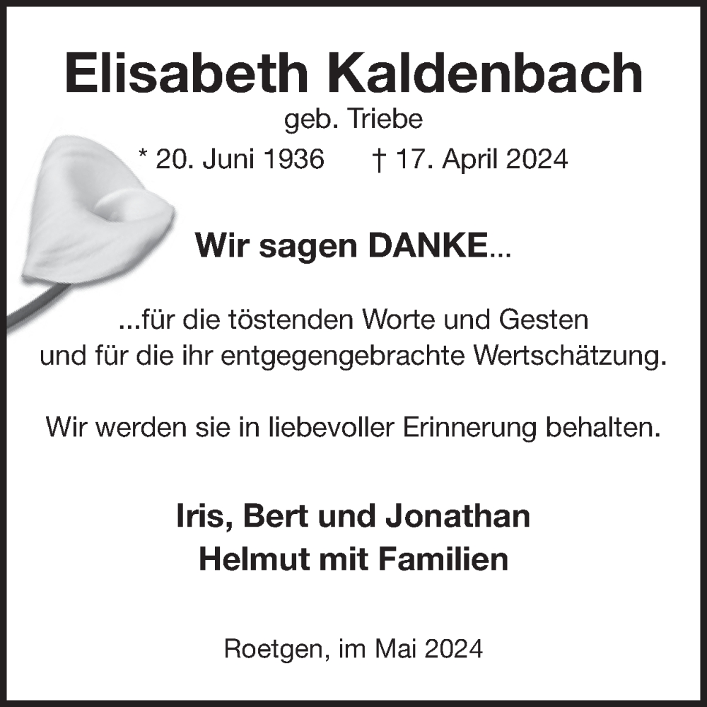  Traueranzeige für Elisabeth Kaldenbach vom 29.05.2024 aus WochenSpiegel