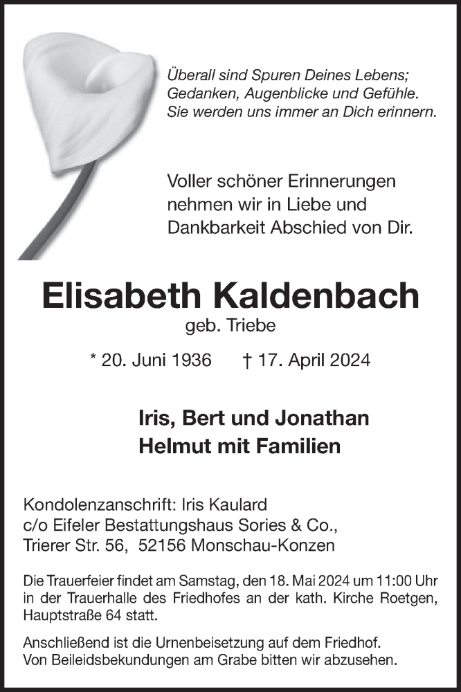  Traueranzeige für Elisabeth Kaldenbach vom 01.05.2024 aus WochenSpiegel