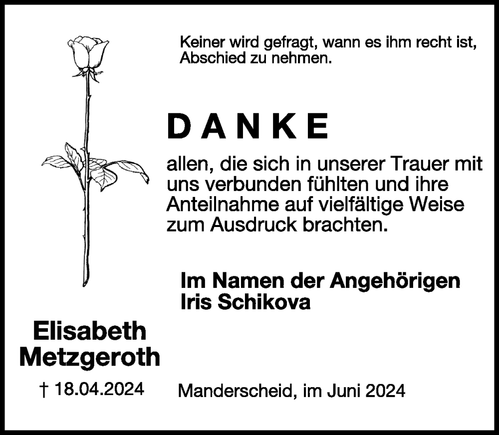  Traueranzeige für Elisabeth Metzgeroth vom 21.06.2024 aus WochenSpiegel