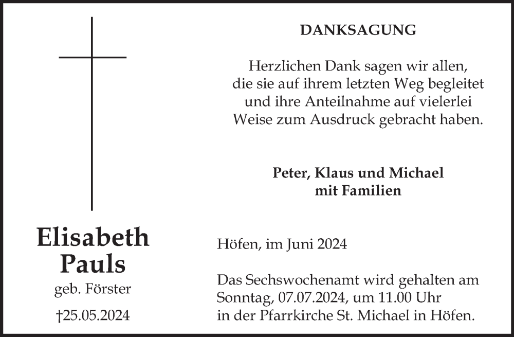 Traueranzeige für Elisabeth Pauls vom 26.06.2024 aus WochenSpiegel