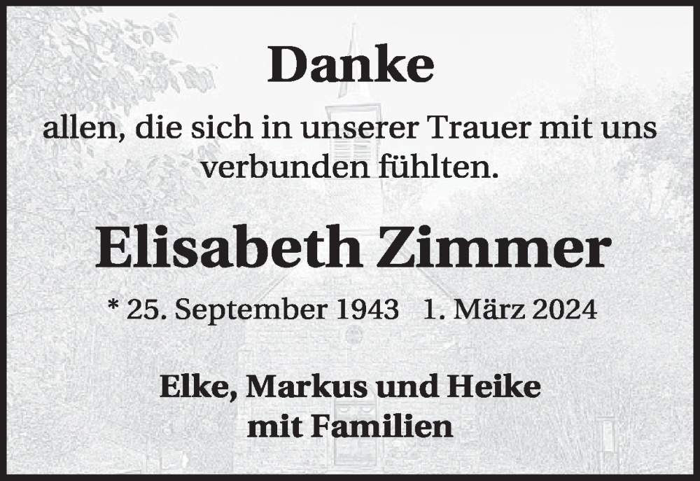  Traueranzeige für Elisabeth Zimmer vom 30.03.2024 aus WochenSpiegel