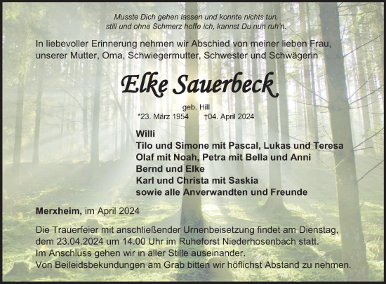 Traueranzeige von Elke Sauerbeck von WochenSpiegel