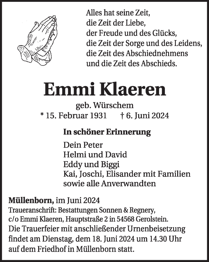  Traueranzeige für Emmi Klaeren vom 15.06.2024 aus WochenSpiegel