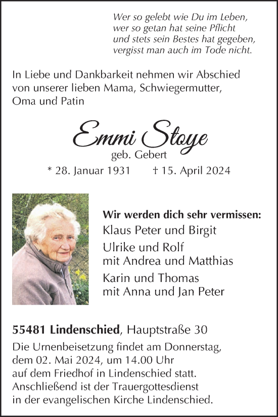 Traueranzeige von Emmi Stoye von WochenSpiegel