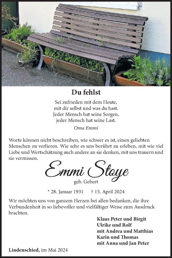Traueranzeige von Emmi Stoye von WochenSpiegel