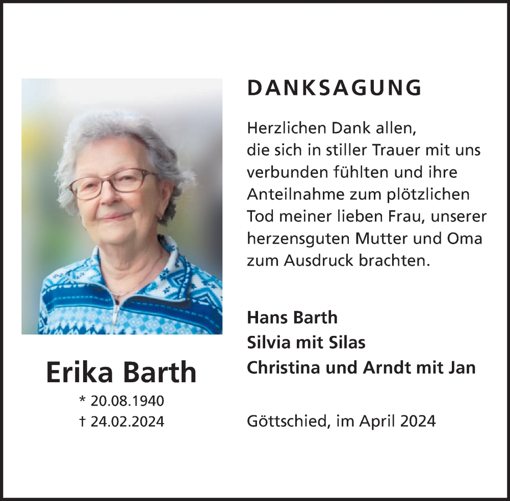  Traueranzeige für Erika Barth vom 13.04.2024 aus WochenSpiegel
