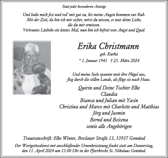 Traueranzeige von Erika Christmann von WochenSpiegel