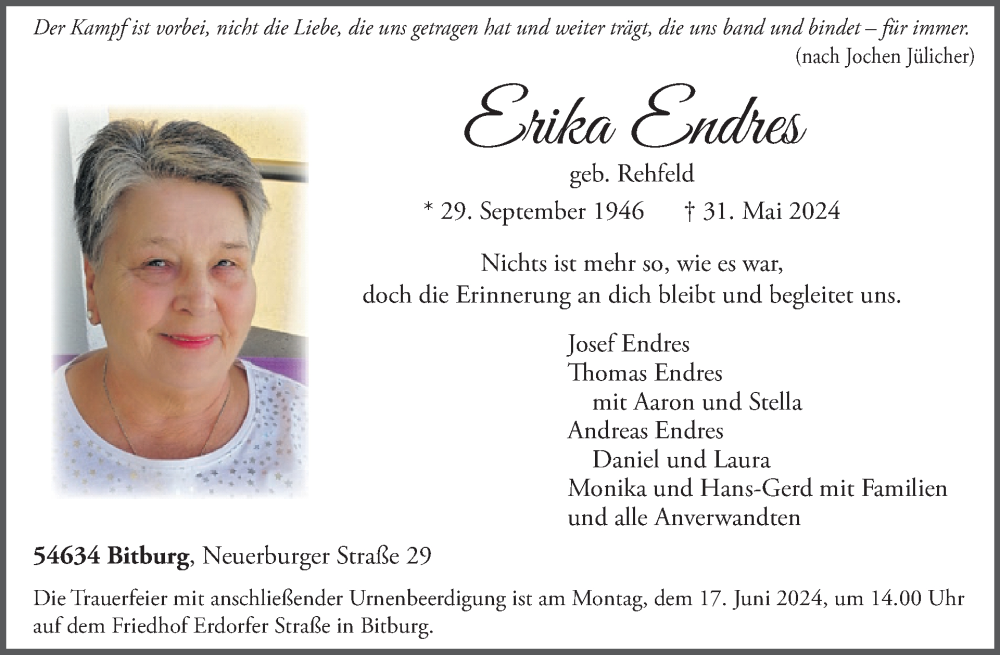  Traueranzeige für Erika Endres vom 07.06.2024 aus WochenSpiegel