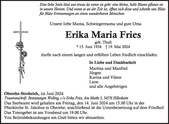 Traueranzeige von Erika Fries von WochenSpiegel