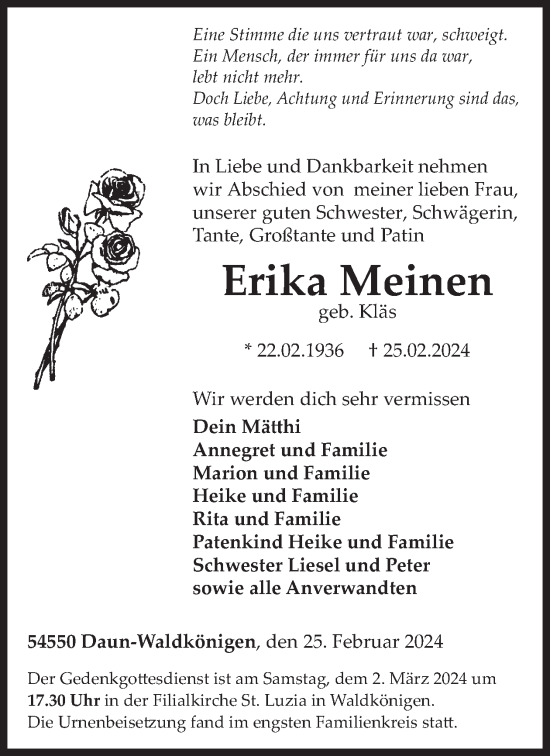 Traueranzeige von Erika Meinen von WochenSpiegel