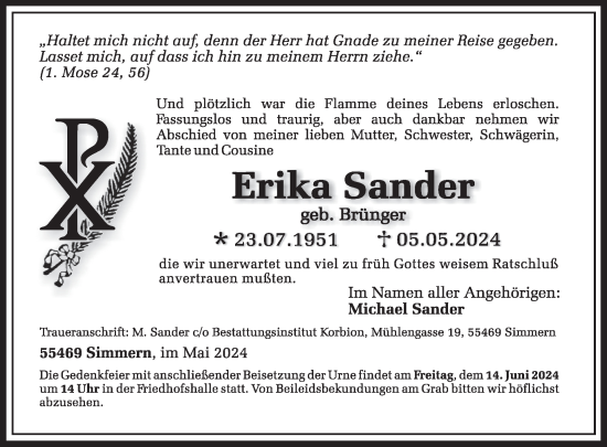 Traueranzeige von Erika Sander von WochenSpiegel
