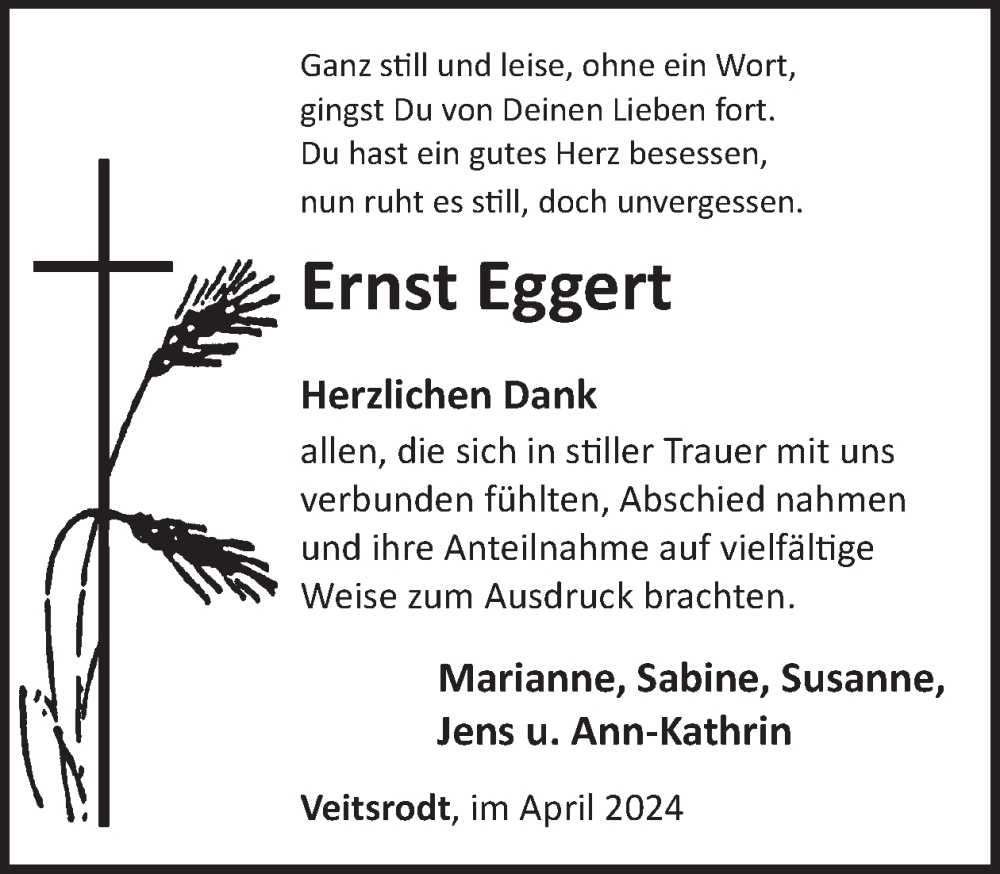  Traueranzeige für Ernst Eggert vom 20.04.2024 aus WochenSpiegel
