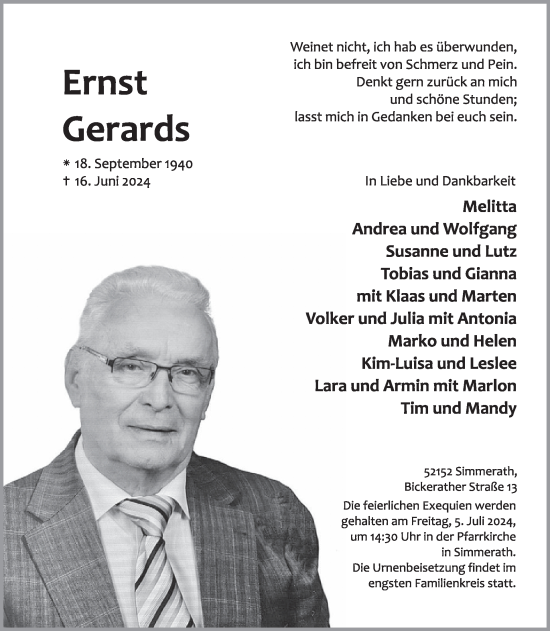 Traueranzeige von Ernst Gerards von WochenSpiegel