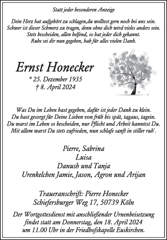 Traueranzeige von Ernst Honecker von WochenSpiegel