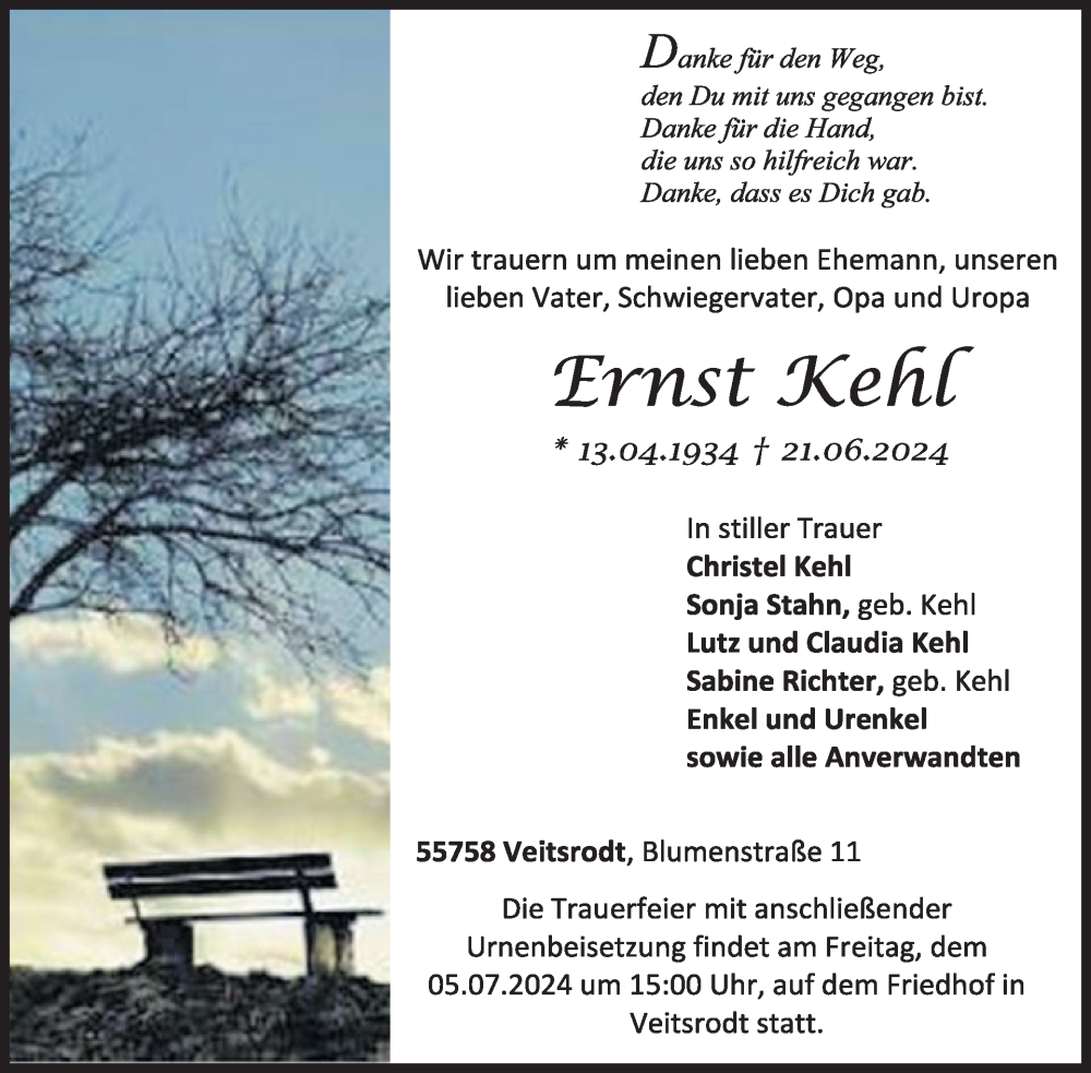  Traueranzeige für Ernst Kehl vom 29.06.2024 aus WochenSpiegel