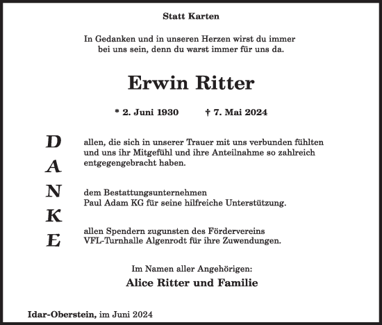 Traueranzeige von Erwin Ritter von WochenSpiegel