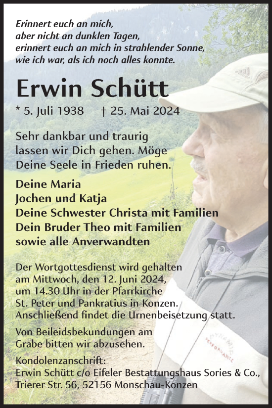 Traueranzeige von Erwin Schütt von WochenSpiegel
