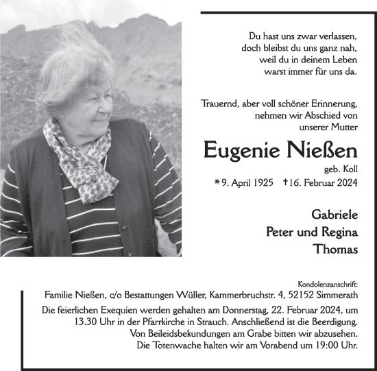 Traueranzeige von Eugenie Nießen von WochenSpiegel