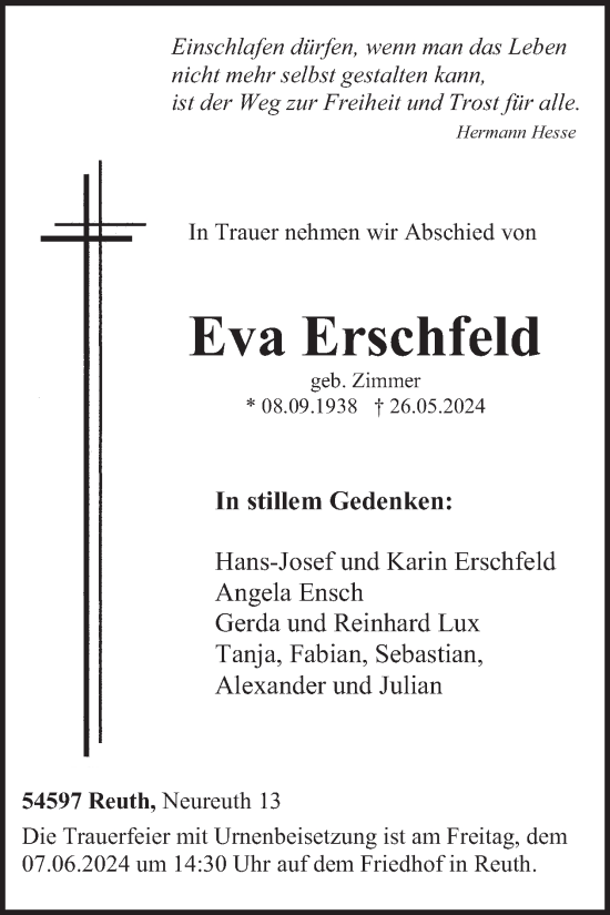 Traueranzeige von Eva Erschfeld von WochenSpiegel