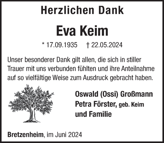 Traueranzeige von Eva Keim von WochenSpiegel