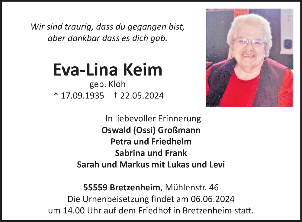  Traueranzeige für Eva-Lina Keim vom 01.06.2024 aus WochenSpiegel