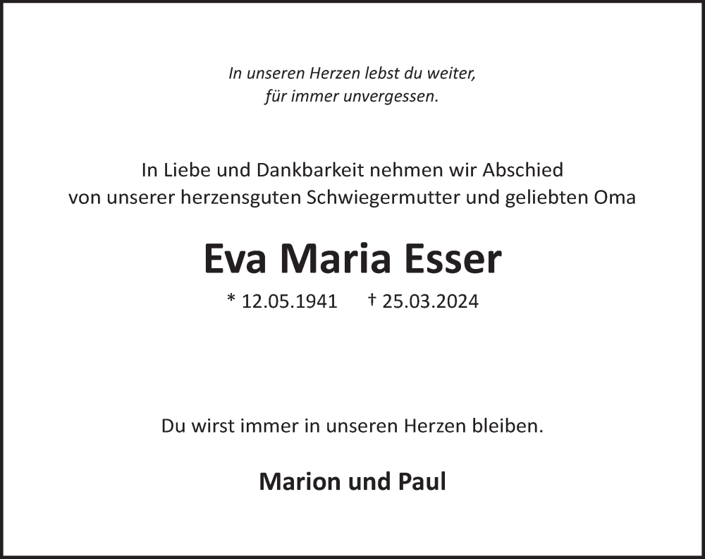  Traueranzeige für Eva Maria Esser vom 10.04.2024 aus WochenSpiegel