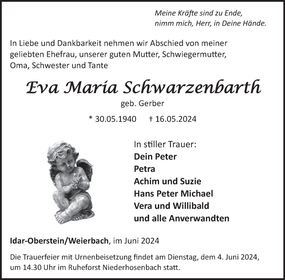  Traueranzeige für Eva Maria Schwarzenbarth vom 01.06.2024 aus WochenSpiegel