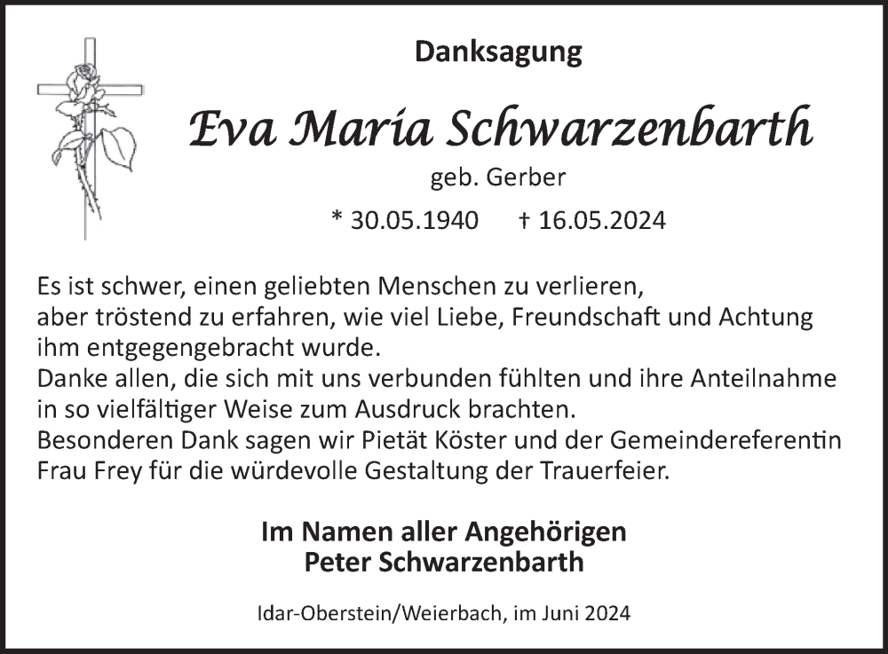  Traueranzeige für Eva Maria Schwarzenbarth vom 29.06.2024 aus WochenSpiegel