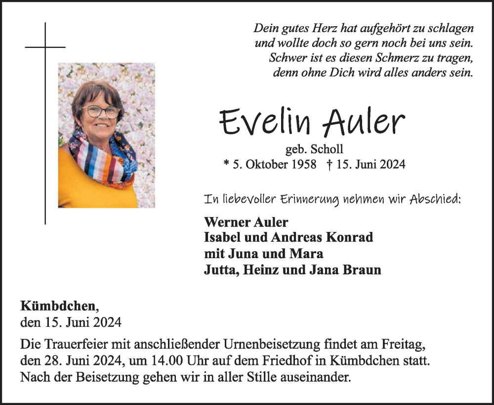  Traueranzeige für Evelin Amler vom 22.06.2024 aus WochenSpiegel