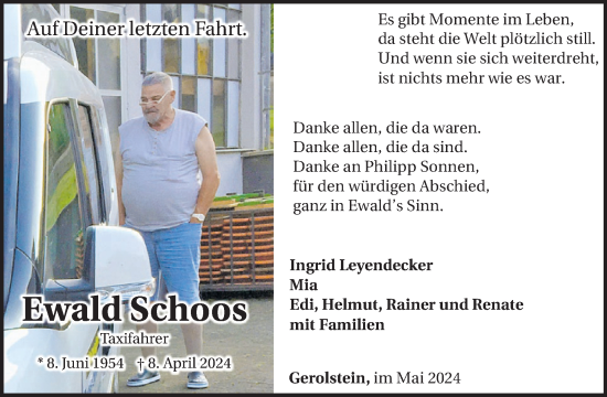 Traueranzeige von Ewald Schoos von WochenSpiegel