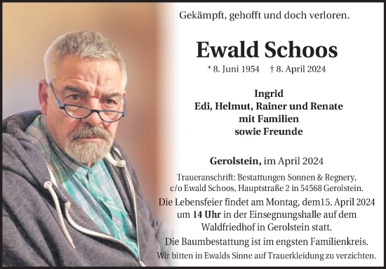 Traueranzeige von Ewald Schoos von WochenSpiegel