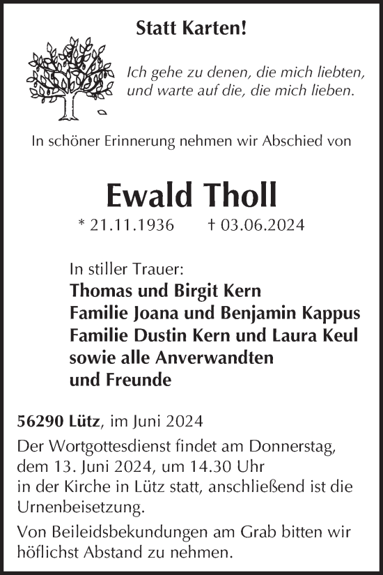 Traueranzeige von Ewald Thol von WochenSpiegel