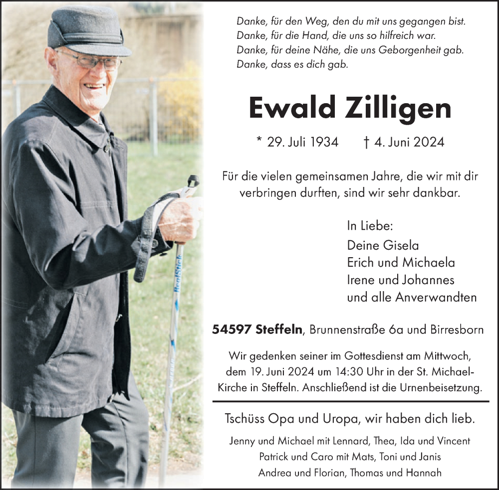  Traueranzeige für Ewald Zilligen vom 08.06.2024 aus WochenSpiegel