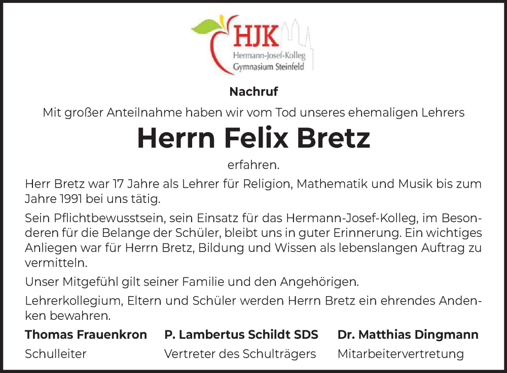  Traueranzeige für Felix Bretz vom 05.06.2024 aus WochenSpiegel