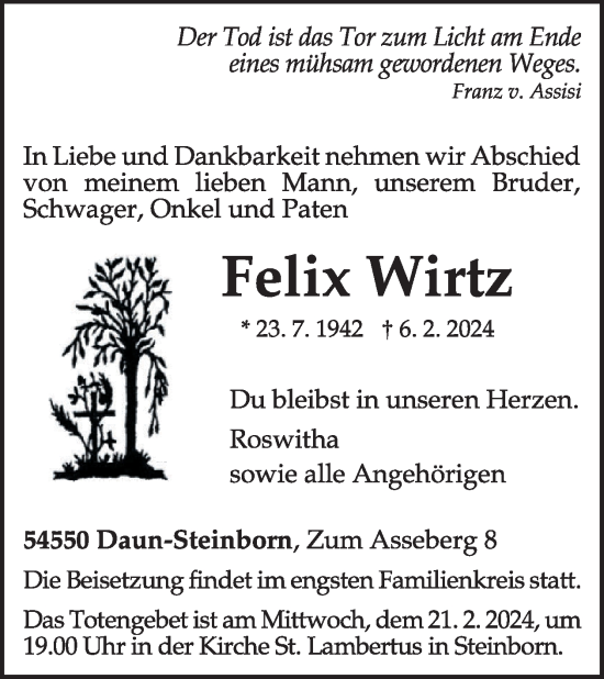 Traueranzeige von Felix Wirtz von WochenSpiegel