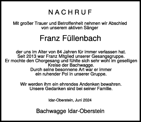Traueranzeige von Franz Füllenbach von WochenSpiegel