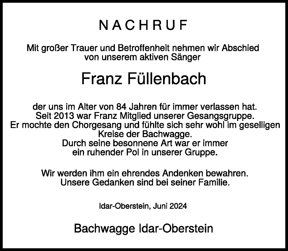  Traueranzeige für Franz Füllenbach vom 15.06.2024 aus WochenSpiegel
