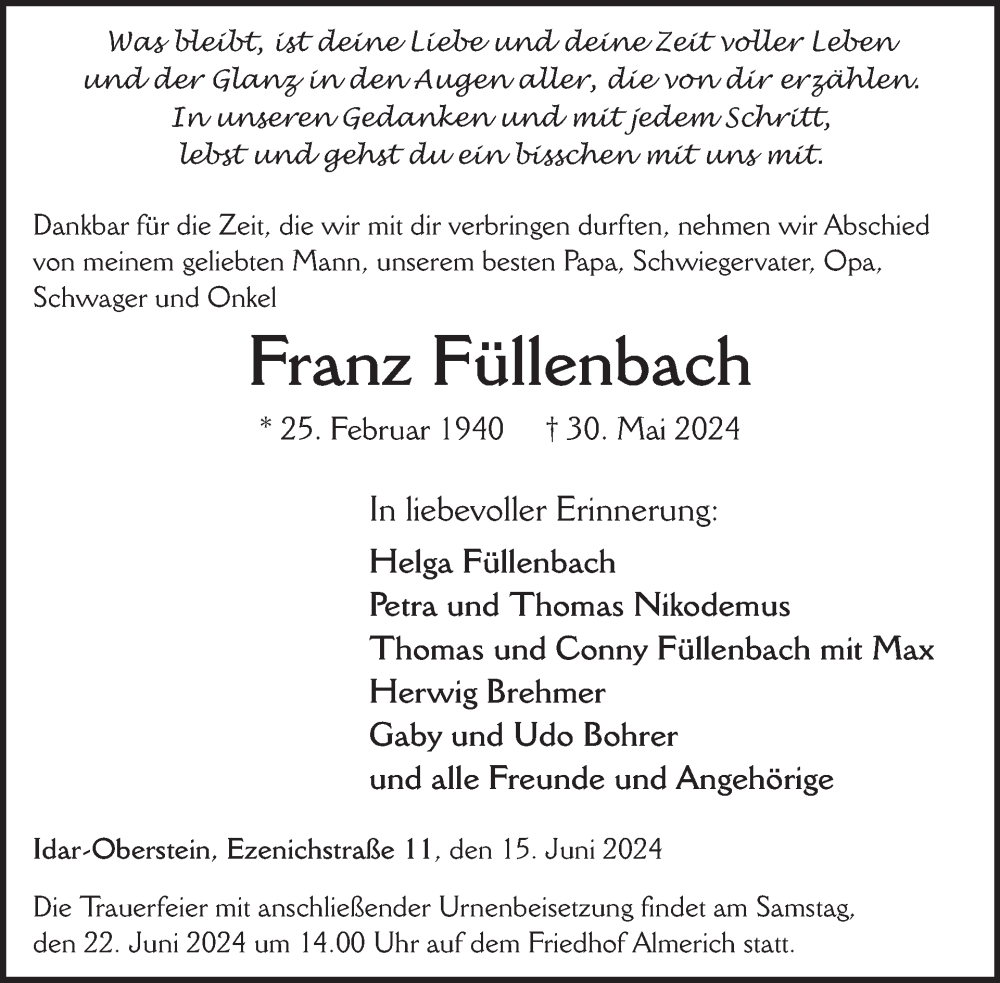 Traueranzeige für Franz Füllenbach vom 15.06.2024 aus WochenSpiegel