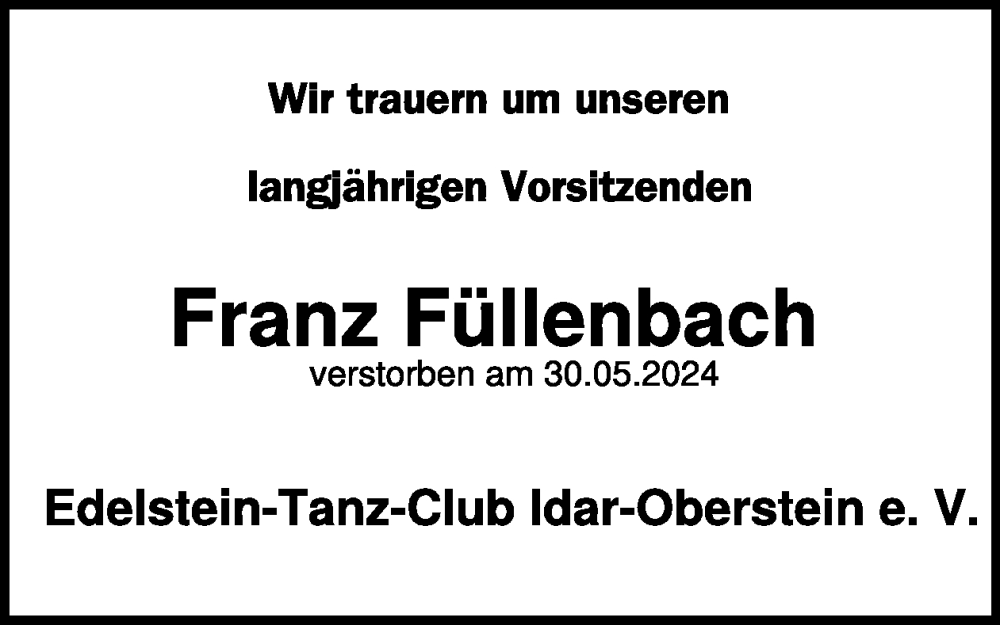  Traueranzeige für Franz Füllenbach vom 22.06.2024 aus WochenSpiegel