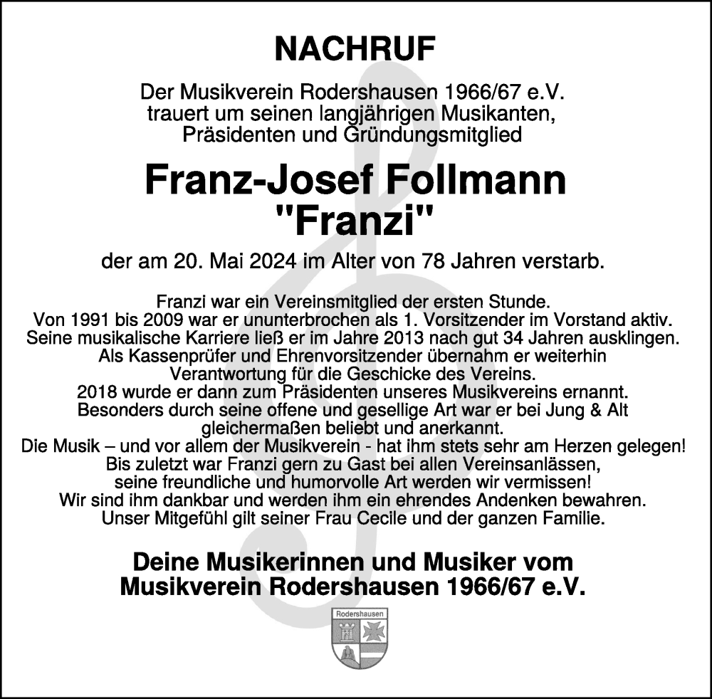  Traueranzeige für Franz-Josef Follmann vom 07.06.2024 aus WochenSpiegel