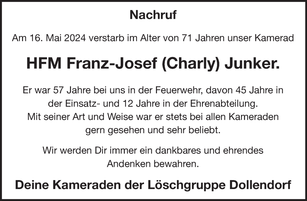  Traueranzeige für Franz-Josef Junker vom 12.06.2024 aus WochenSpiegel