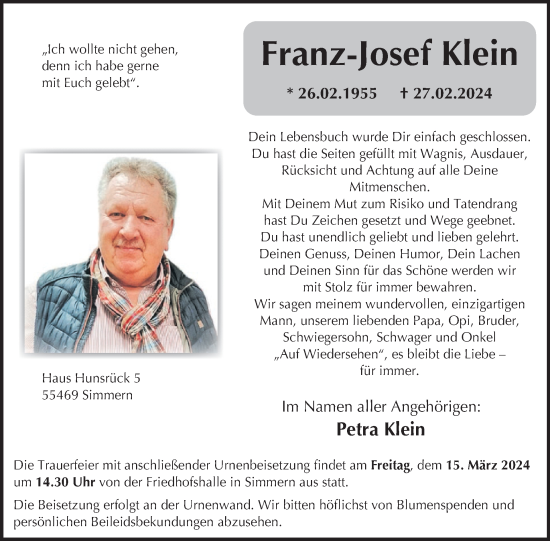 Traueranzeige von Franz-Josef Klein von WochenSpiegel