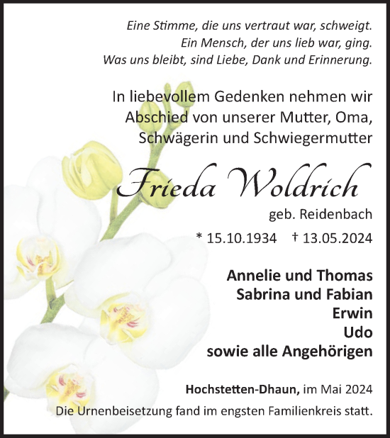 Traueranzeige von Frieda Woldrich von WochenSpiegel