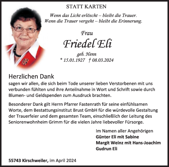 Traueranzeige von Friedel Eli von WochenSpiegel
