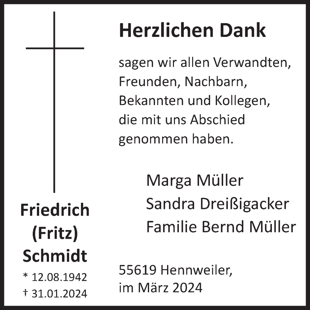  Traueranzeige für Friedrich Schmidt vom 02.03.2024 aus WochenSpiegel