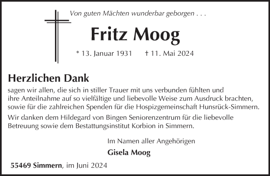 Traueranzeige von Fritz Moog von WochenSpiegel