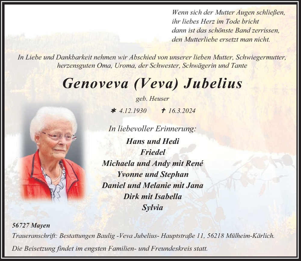  Traueranzeige für Genoveva Jubelius vom 27.03.2024 aus WochenSpiegel