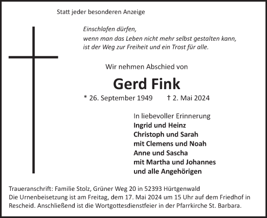 Traueranzeige von Gerd Fink von WochenSpiegel