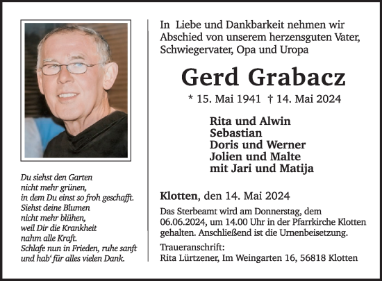 Traueranzeige von Gerd Grabacz von WochenSpiegel