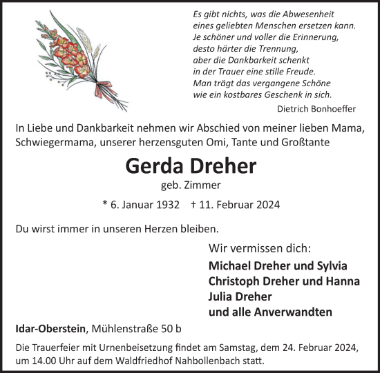 Traueranzeige von Gerda Dreher von WochenSpiegel